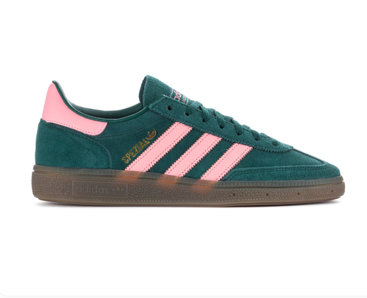 Adidas Handball Spezial Green Sneakers with Pink Stripes and Gum Sole