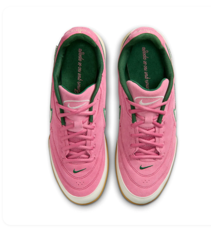 Nike Tiempo Pink Sneakers with Green-Trimmed Cream Swoosh and Gum Sole