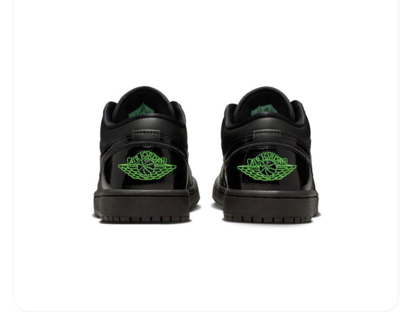 Air Jordan 1 Low Black Glossy Sneakers with Green Accents