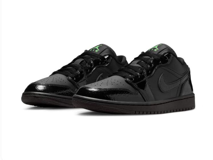 Air Jordan 1 Low Black Glossy Sneakers with Green Accents