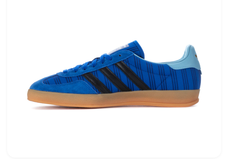 Adidas Gazelle Blue Patterned Sneakers with Black Stripes and Gum Sole