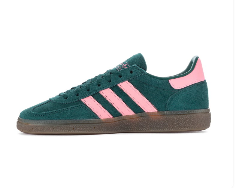 Adidas Handball Spezial Green Sneakers with Pink Stripes and Gum Sole