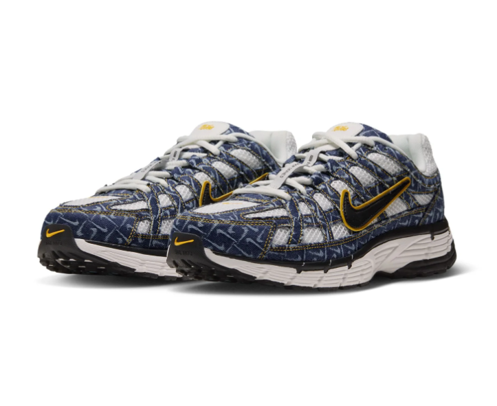 Nike Navy Patterned Mesh Sneakers with Yellow-Trimmed Black Swoosh
