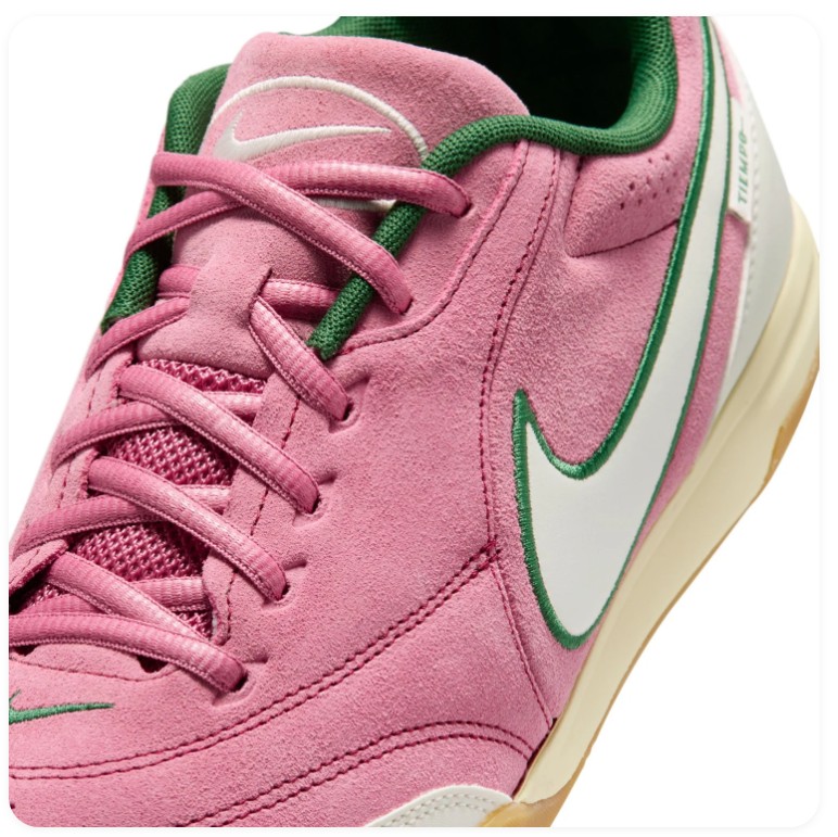 Nike Tiempo Pink Sneakers with Green-Trimmed Cream Swoosh and Gum Sole