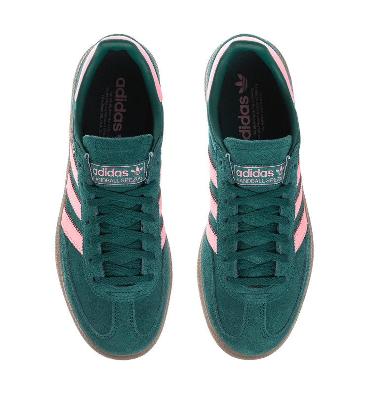 Adidas Handball Spezial Green Sneakers with Pink Stripes and Gum Sole