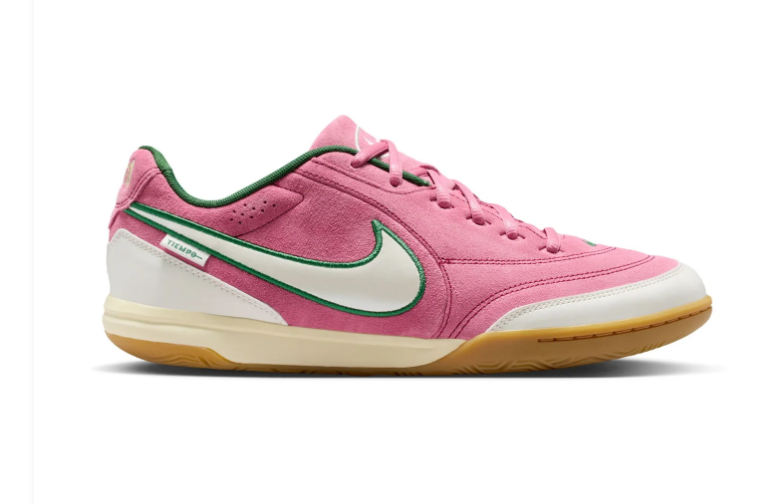 Nike Tiempo Pink Sneakers with Green-Trimmed Cream Swoosh and Gum Sole