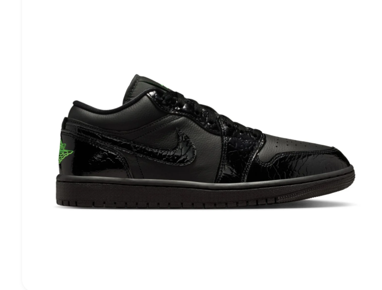 Air Jordan 1 Low Black Glossy Sneakers with Green Accents