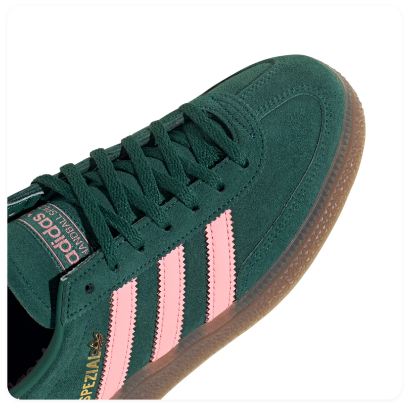 Adidas Handball Spezial Green Sneakers with Pink Stripes and Gum Sole