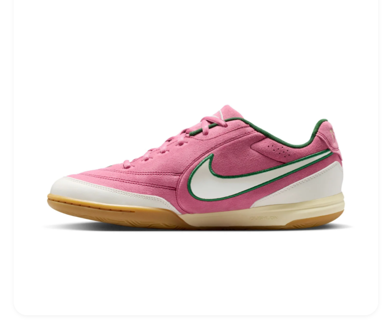 Nike Tiempo Pink Sneakers with Green-Trimmed Cream Swoosh and Gum Sole