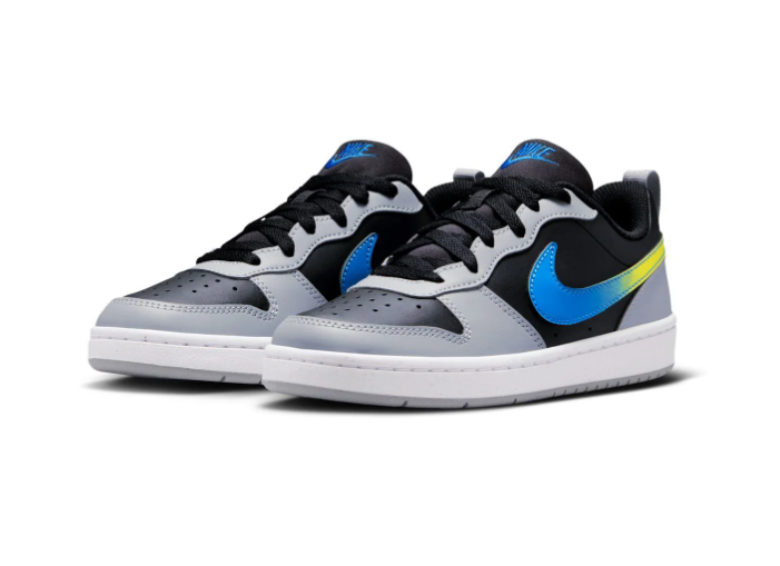 Nike Black and Grey Sneakers with Blue-to-Yellow Gradient Swoosh