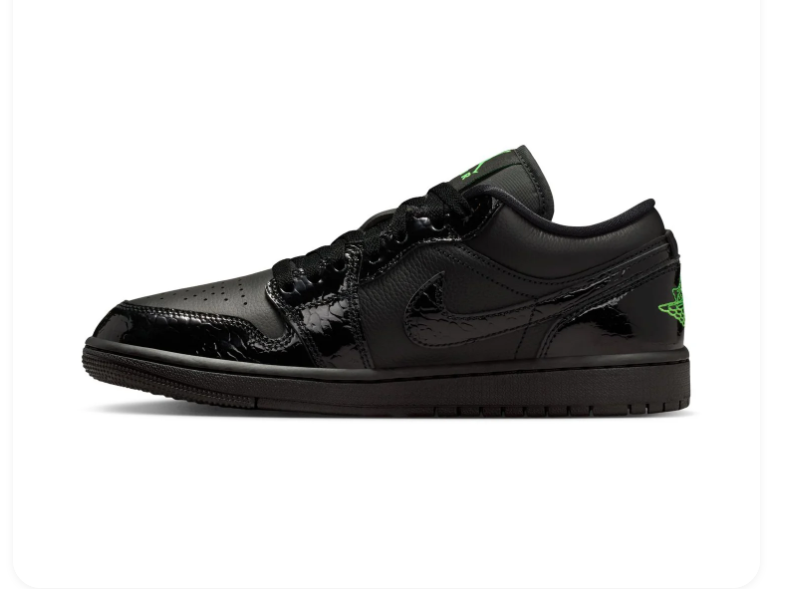 Air Jordan 1 Low Black Glossy Sneakers with Green Accents