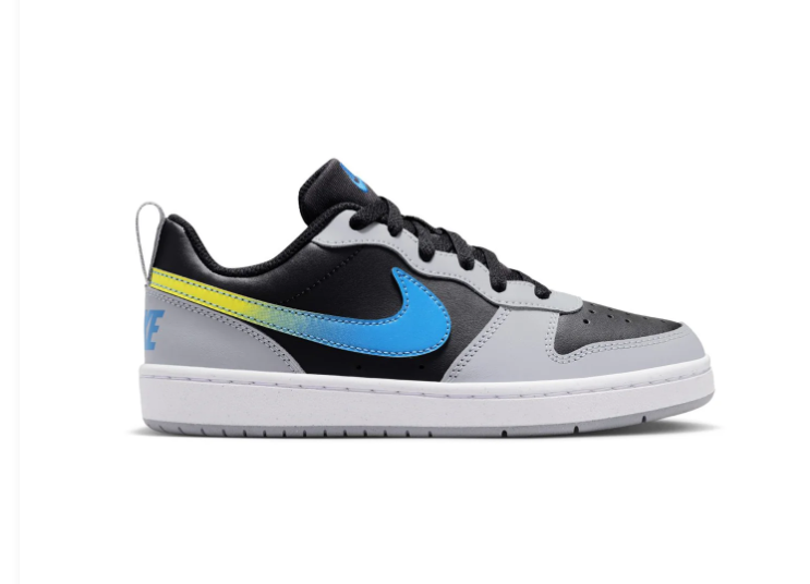 Nike Black and Grey Sneakers with Blue-to-Yellow Gradient Swoosh